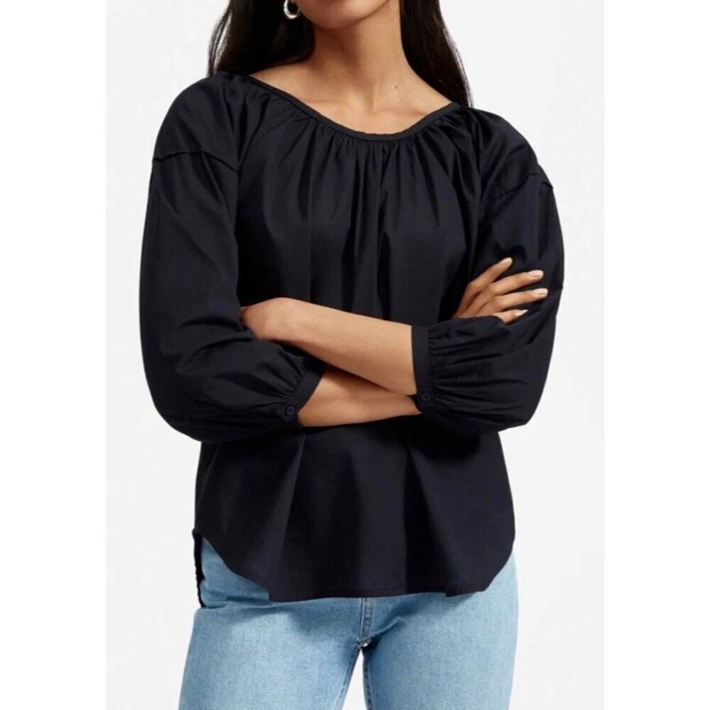 EVERLANE $55 The Ruched Air Blouse Women's Size 16 Black 100% Cotton Minimalist